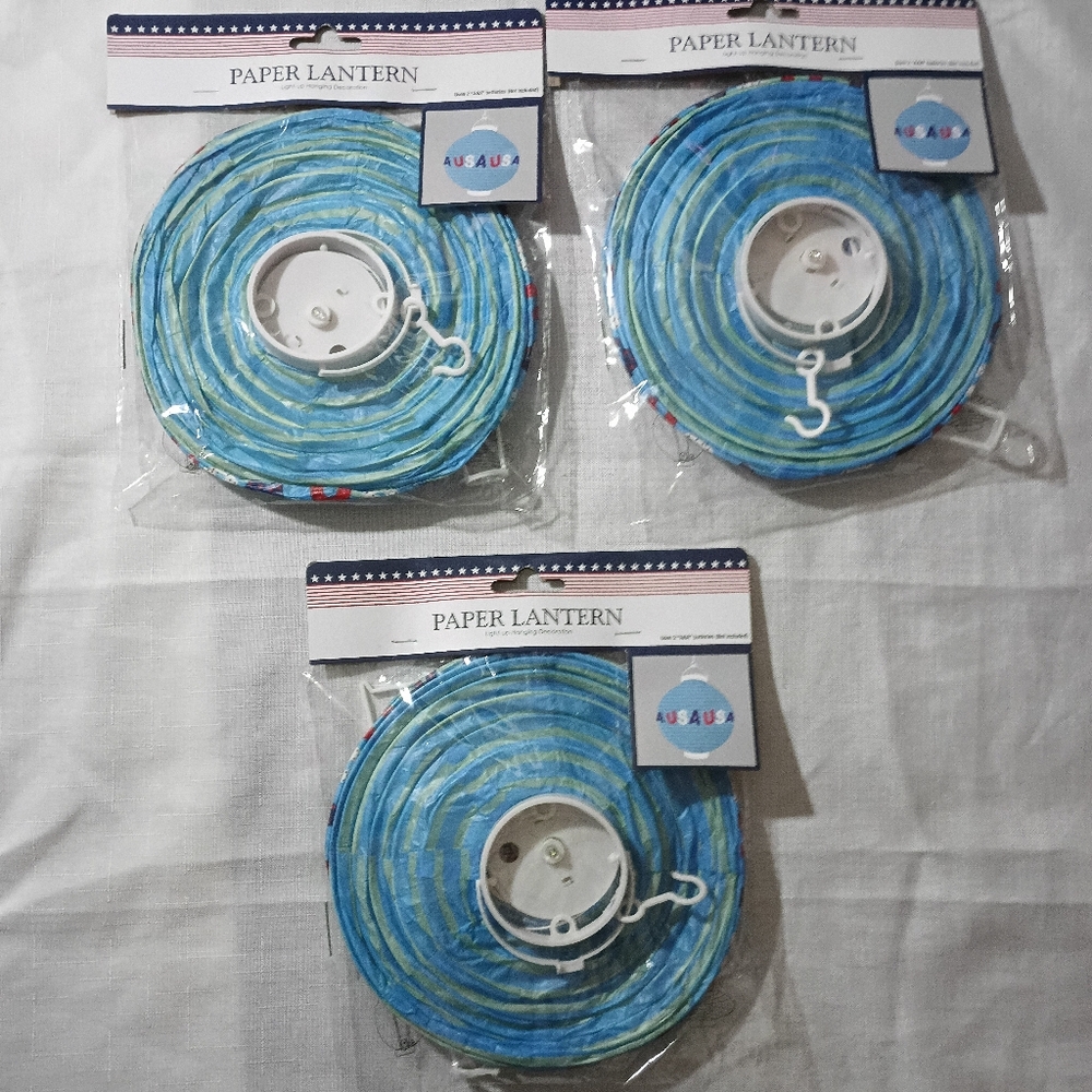 3 Blue Paper Lantern String Lights with LED Hangers USA